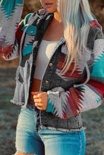 Load image into Gallery viewer, Aztec Print Frayed Denim Jacket
