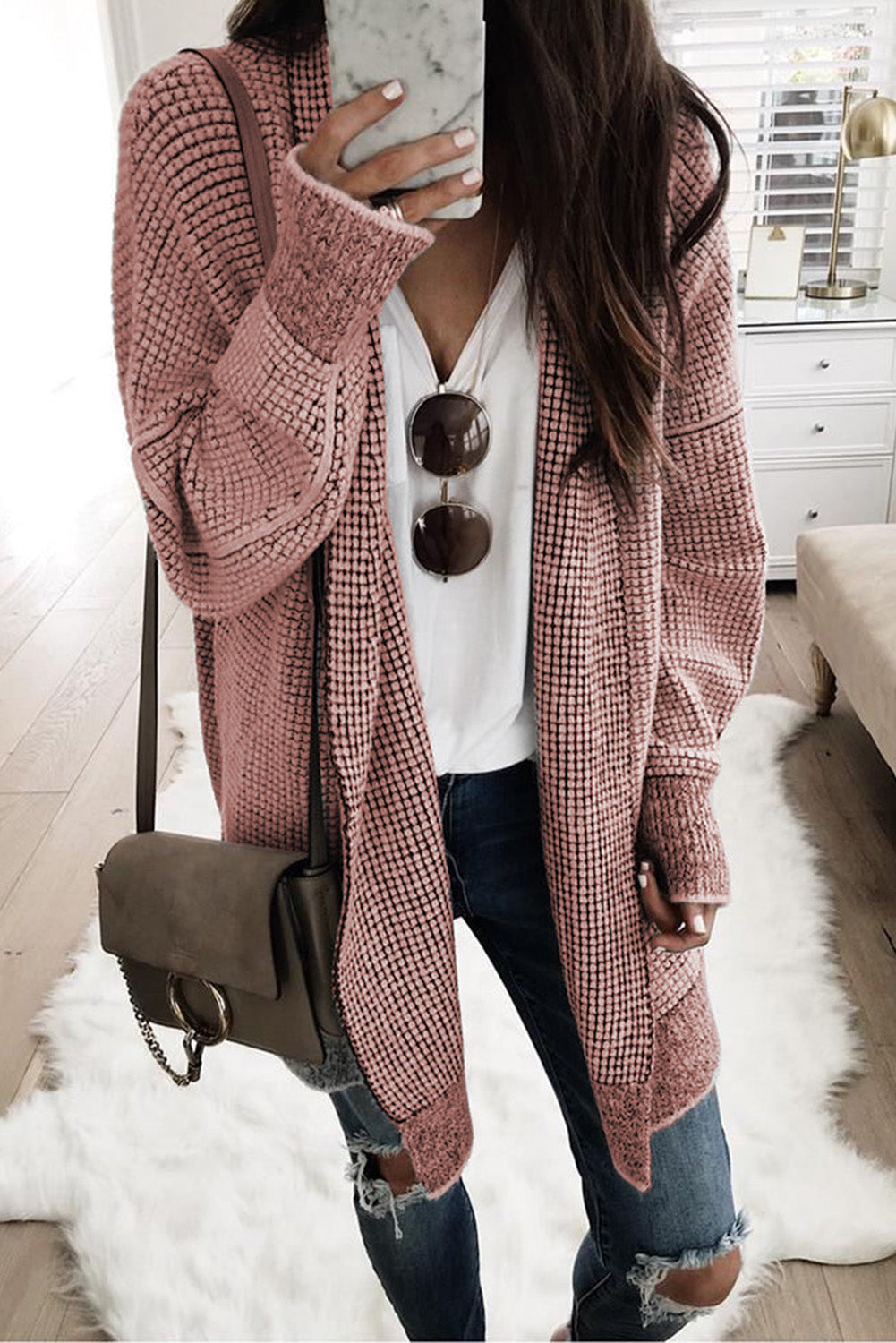 Pink Long Knitted Cardigan Sweater