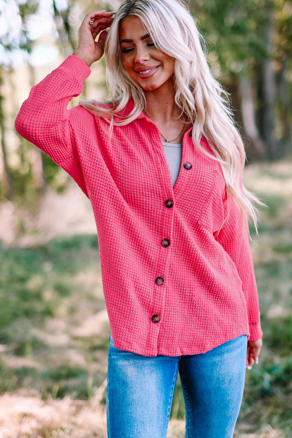Pink Waffle Knit Button Up