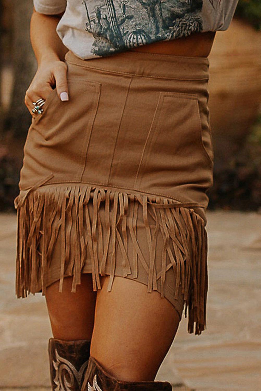 Brown Tassel Zipped with pockets High waisted mini skirt