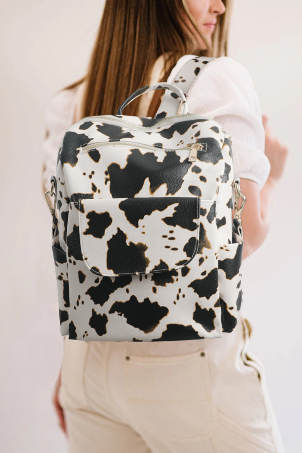 Cow Print Faux Leather Zipped Large backpack