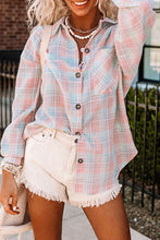 Load image into Gallery viewer, Pink Plaid Collared Neckline Long Sleeve Tee
