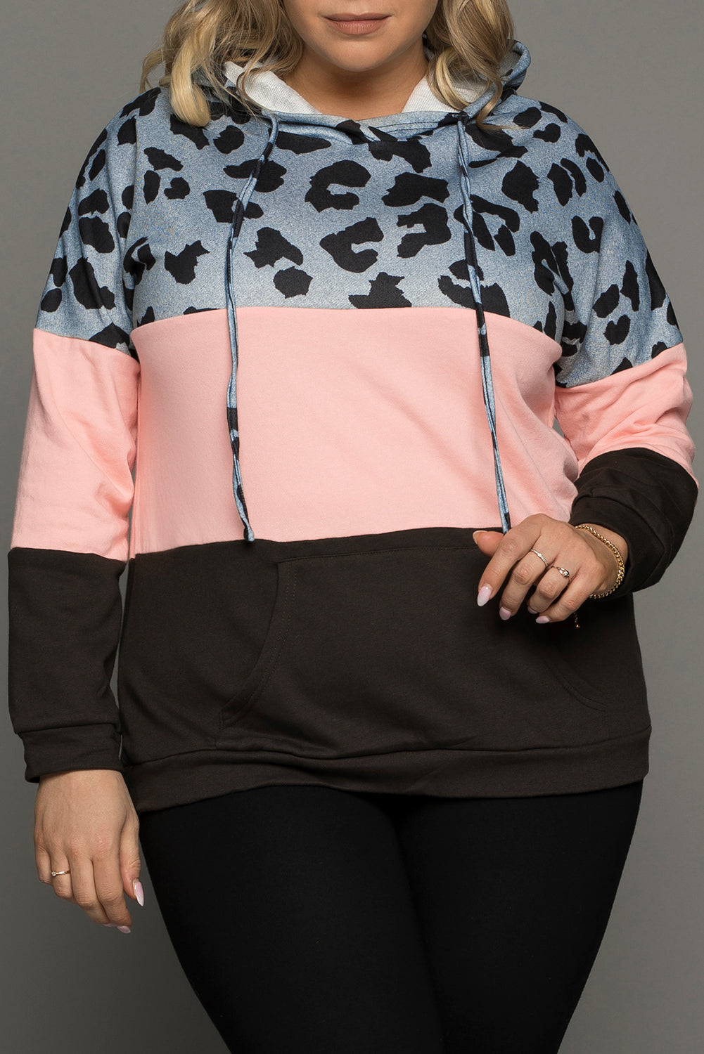 Plus Size Leopard Splicing Hoodie With Pockets
