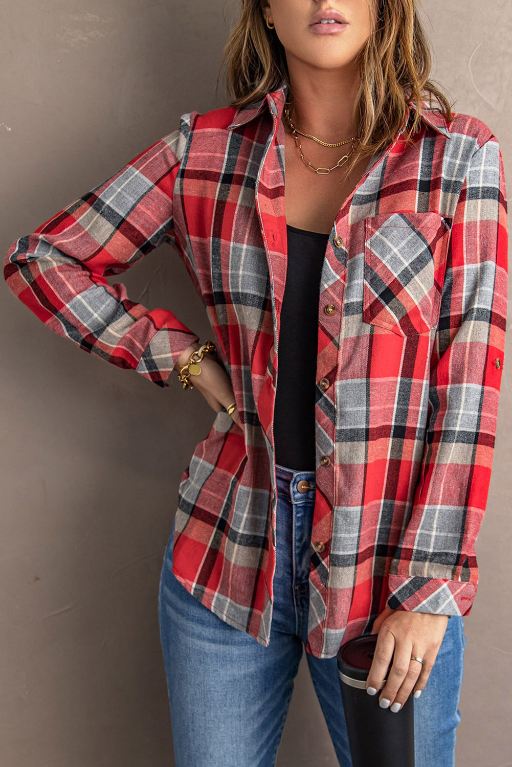 Red Plaid Button Down Long Sleeve