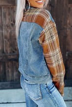 Load image into Gallery viewer, Sky Blue Medium Wash with plaid sleeves denim Jacket

